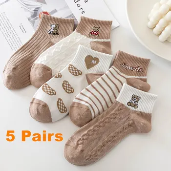 5 Párů Dámské Ponožky Prodyšné a Pohodlné Pěti Barevných Medvěd Vzor Polyester Bavlna Mid Ponožky Obrázek