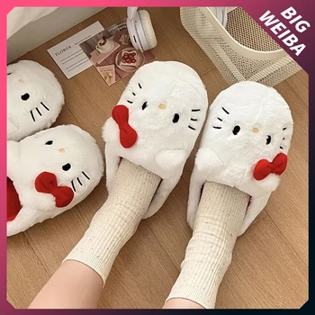 Bílá Červená Hello Kitty Plyšové Pantofle Dívky Ženy Student Kawaii Cute Cat Zimní Skluzavky Krytý Fuzzy Pantofle Krásné Bavlněné Boty Obrázek