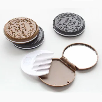 CX77 Cestovní Make-up Zrcátko Roztomilé Čokoládové Cookie Tvar Kreativní Design Mini Kapesní Zrcátko s Hřebenem Přenosné Zrcadlo Nastavit Obrázek