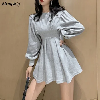 Dámské Mini Šaty Puff Sleeve Solid Skládaný Jemný Temperament Móda korejský Styl Sladký Streetwear Volný čas-line Slim Elegantní Sexy Obrázek