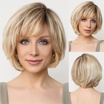 HAIRJOY Syntetické Vlasy Krátké Vrstvené Rovné Blond Paruky pro Bílé Ženy Obrázek
