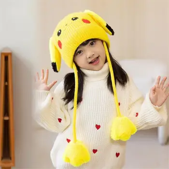 Kawaii Pokemon Pikachu Zimní Kreslený dětský Klobouk Uši Pohybovat Fleece Zesílená Teplé Pletené Ucho Obránce Čepice Chlapců a Dívek Obrázek