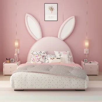 Růžový králík dětské postele z masivního dřeva kožené posteli dívka svobodná dívka dívka 1,5 m kreslený postel princezna postel skladování Obrázek