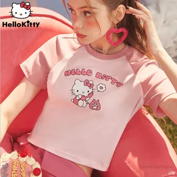 Sanrio Hello Kitty Kontrast Krátký Rukáv T-Košile, Ženy 2023 Letní Roztomilý Kreslený Tištěné Crop Top Y2k Harajuku Slim Krátký Trička Obrázek