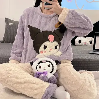 Sanrio Kuromi Anime Kawaii Ležérní Zahuštěný Roztomilé Sladké Pyžamo Set Módní a Univerzální Volné Ležérní Pyžamo Set Domů Obrázek