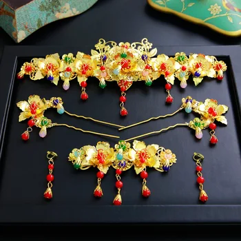 Čínské svatební nevěsta čelenka kostým cheongsam Svatební šaty Coronet vlasy příslušenství Obrázek