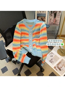 Ženy Rainbow Stripe Cardigan Pletený Svetr Vintage Harajuku Dámy Korejský Módní Roztomilé Dlouhý Rukáv V-Neck Svetry Oblečení Obrázek