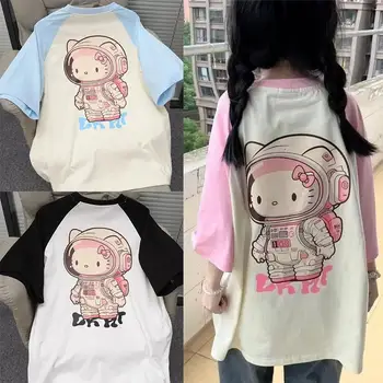Bavlněné Roztomilé Hello Kitty Krátký Rukáv Letní Barevný Kontrast Raglánový Rukáv Volné Sladká Dívka Student T-Shirt Top Sanrio Dívka Dárek Obrázek