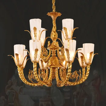 Klasické Francouzské Měděný Lustr Luxusní Obývací Pokoj Domácí Dekorativní Evropské Mosaz Sklo Led Závěsná Lampa Obrázek