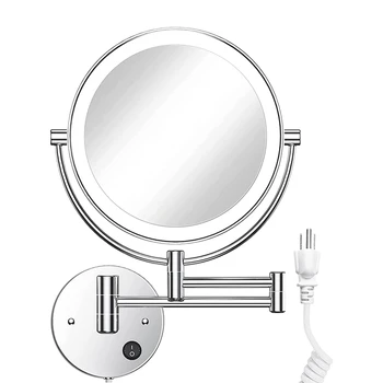 LED Nástěnné Závěsné Zrcadlo Kulaté Oboustranné 1X/10X Zvětšovací S Tlačítko Světlo 360 Otočná-Chrome US Plug Obrázek