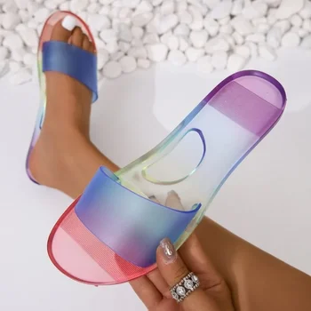 Letní Dámské Boty 2024 Nový Candy Barvy PVC Dámské Průhledné Pantofle Lehké a Pohodlné Ležérní Ploché Pantofle Obrázek