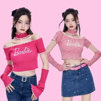 Nová Barbie Krátký Svetr Ženy Růžové Pupku Obnažení Off Rameno Krátké Topy Roztomilé Sladké Dívky Street Wear Y2K Krátký Rukáv Topy Obrázek