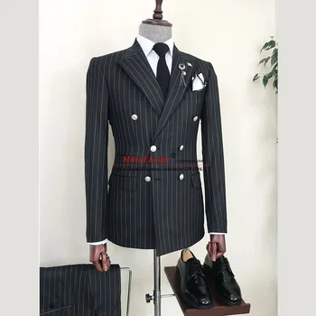 Obchodní Proužek Obleky Muži Slim Fit Černý Dvojí Breasted Kabát, Kalhoty Design Poslední 2 Kusy Mužské Módy Družba Svatební Smoking Obrázek