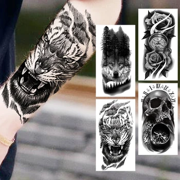 Realistické Tygr Dočasné Tetování Pro Muže, Ženy, Dospělé Vlk Flower Skull Forest Falešné Tetování Nálepka Předloktí Tělo Tetování Obrázek