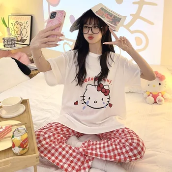 Roztomilé Sanrio Hello Kitty Pyžamo Sady Anime Oblečení Pro Volný Čas, Letní 2 Ks Krátký Rukáv Dlouhé Kalhoty Pijama Oblek Holka, Ležérní Oblečení Na Spaní Obrázek