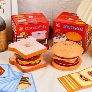 Simulované Play Dům pro Děti Sendvič a Hamburger Set Dřevěný Tvar Odpovídající Stavební Bloky Jídlo Poznávání Hračky Obrázek