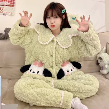 Zimní Zahuštěný Sametové a Teplé Korálové Sametové Pyžamo dámská Prošívaná Bunda Flanelové Domácí Oblečení Hello Kitty, Kuromi Sanrio Obrázek