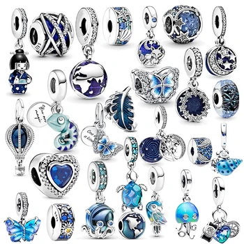 100% 925 Sterling Silver Roztomilé Želvy, Chobotnice, Medúzy, Krab Modrý Oceán Kouzlo Fit Pandora Originální Náramek Korálky Šperky Obrázek