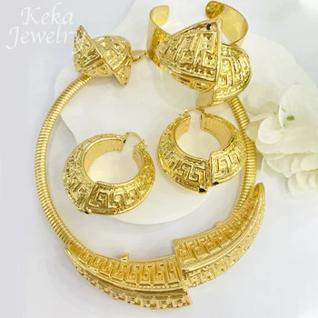 18K Gold Á Velký Náhrdelník Šperky Set Módní Náramek Náušnice Prsten Itálie Luxusní Svatební Doplňky Měděné Šperky Dárek Obrázek