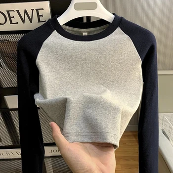 2023 Jarní Barvy Blok Podkladní Krátký Dlouhý Rukáv T-Shirt Ženy Ostříhané Topy Ležérní Slim Basic Obrázek