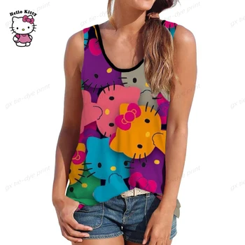 2023 Letní Příležitostné Volné Popruh O-neck Vesta Harajuku Tee Trička, Tílka, Ženy, Kreslené Hello Kitty Tisk bez Rukávů T-shirt Obrázek