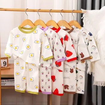 2ks Baby Chlapci Dívky Oblečení Sady Letní Pyžamo Sady Módní Krátký Rukáv Děti T-košile + Šortky Šití Barva Oblečení Oblek Obrázek