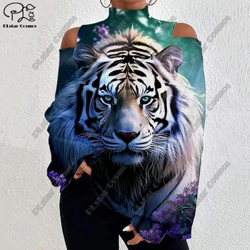 3D Tisk Zvířat Série Tiger Bear Vzor Dámské Lucerna Rukáv Off-Rameno s Texturou Ležérní Dlouhý Rukáv HX-1 Obrázek