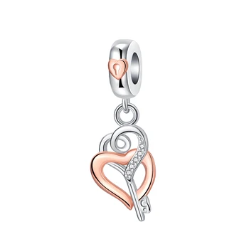 925 Sterling Silver Srdce Klíč Duté Rose Gold Přívěsek Kouzlo Fit Originální Pandora Kouzlo Náramky Ženy DIY Šperky Dárkové Obrázek