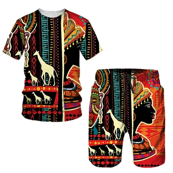 Africké Etnické Stylu 3D Tisk T-Košile, Šortky, Soupravy Pánské Ležérní Módní Nadrozměrné Krátký Rukáv T Košile Kalhoty Set Oblečení Obleky Obrázek