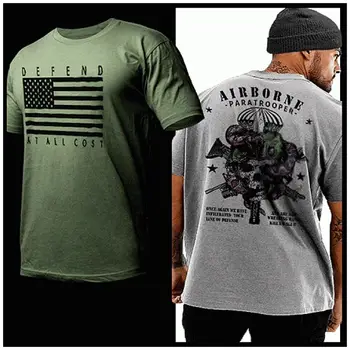 Airborne Parašutistů T-Shirt AMERICKÉ Vlajky Bránit Za každou Cenu válečný Veterán Tee Obrázek
