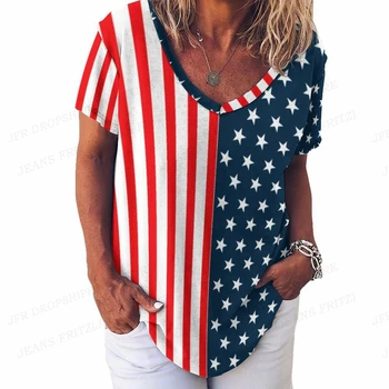 American Flag T Shirt Ženy Módní T-košile Usa Vlajka 3d Tisk T-košile, V-Neck Topy Trička Nadrozměrných Tričko Dámské Topy Camisetas Obrázek