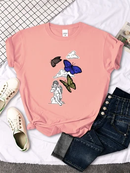 Anděl A Motýl Kreslené T-Shirt Ženy Letní Cool Trička Harajuku Hip Hop Streetwear Měkké Ležérní Krátký Rukáv Ženské Obrázek