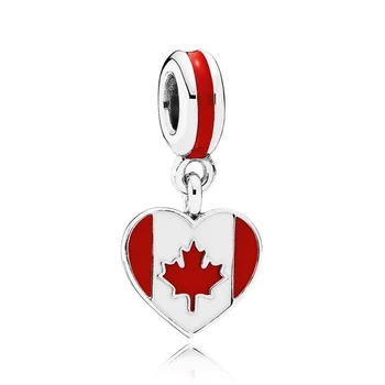 Autentické 925 Sterling Silver Korálky Kanada CA Srdce Vlajky Houpat Kouzlo Fit Pandora Ženy Náramek Náramek Dárek Šperky DIY Obrázek