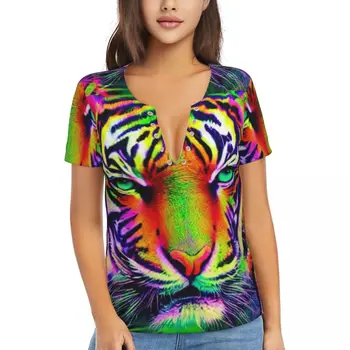 Barevné Tygra Print T Shirt Afrických Zvířat Y2K Cool T Košile Sexy V Krku Krátký Rukáv Tričko 2024 Dámské Street Stylu Oblečení Obrázek