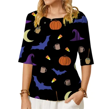 CLOOCL Ženy T-shirt Tmavé Barvy Tee Měsíc Dýně Bat Grafický Tisk Mid Sleeve Tee s Tlačítky Topy Halloween Party Oblečení Obrázek