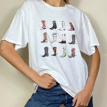 Devět Boty Ženy T-Shirt Hub Topy Cowgirl Ročník Western Rodeo Graphic Tee Krátký Rukáv Roztomilé Retro T Shirt Tops Obrázek