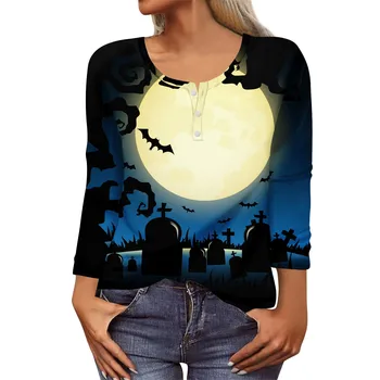 Dlouhý Rukáv Košile Pro Ženy Halloween Strašidelný Dům, Vzor, Tisk Tees Dámy Basic Topy Neformální Plus Velikost Svetr Žena Obrázek