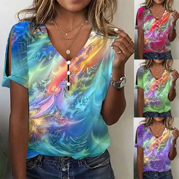 Dámské 2023 Létě Novou Kravatu Barvené Krátký Rukáv T-shirt Top Módní Ležérní High Street Univerzální Topy Lady & Ženské Oblečení Obrázek