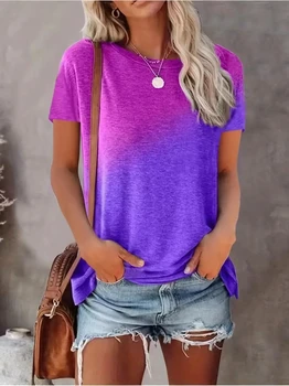 Dámské Krátký Rukáv T-shirt s Pocket Gradient Barva Volné O-Neck Casual Ženy Oblečení Jaro a Léto Obrázek