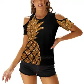 Golden - Zlatý Glitter Dámské V Neck T-Shirt Ležérní Sexy T Košile Vydlabat Zip Svetr Top Pack Aloha Hawaii Třpytky Obrázek