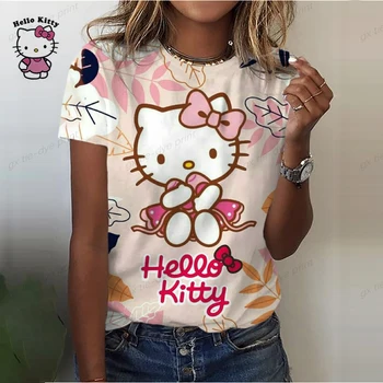 Hello Kitty T-shirt Krátký Rukáv Ženy, Studenti Roztomilé Volné Ležérní Kolem Krku s Krátkým rukávem Dívky Oversized Trička Tisk Oblečení Obrázek