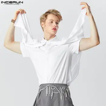 INCERUN Muži Nepravidelné Košile jednobarevné Klopě Krátký Rukáv Ležérní Muži Oblečení Streetwear 2023 Módní Tričko S Šátkem S-5XL Obrázek