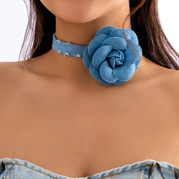 IngeSight.Z Elegantní Modré Denim Rose Květina náhrdelník Náhrdelník pro Ženy Módní Svatební Party na Krku Příslušenství Y2K Límec Obrázek