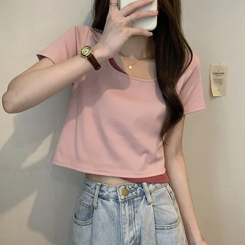 korejský Falešné dvoudílné krátký rukáv ženy t-shirt příležitostné letní štíhlá mladá dívka růžový crop top harajuku solidní t košile pro ženy Obrázek