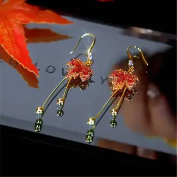 Korejský Módní Elegantní Javorové Listy Střapcem Drop Náušnice Pro Ženy Červené Zirkony Dlouhý Řetěz Visící Náušnice Šperky Dárek Velkoobchod Obrázek