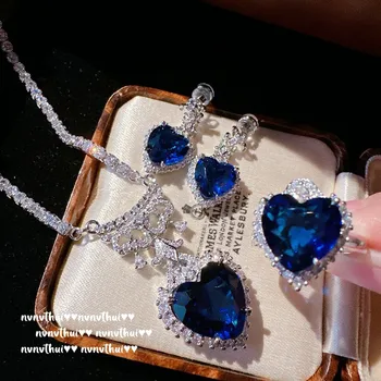 Luxusní 925 Stříbrný Modré CZ Zásnubní Šperky Set Krásné Svatební Sparkle Svatební Doplňky Romantické Valentýna Den Lásky Dar Obrázek