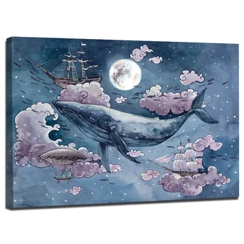 Modrá Velryba Létání Ve Snu Nebe Růžové, Fialové Mraky, Měsíc Loď Pohádka Plátno Wall Art Dekor Malování Obrázek