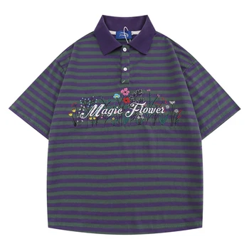 Muži HipHop Streetwear Polo T-Shirt Květinové Dopis Výšivky 2023 Letní Nadrozměrné Stripe Polo Tričko Retro Ležérní Bavlněné Top Tee Obrázek
