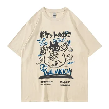 Muži Ženy Bavlněné Tričko Japonské Kanji Legrační Kočka Tištěné T Košile Harajuku Neformální Krátký Rukáv Tričko Streetwear Trend Tee Tops Obrázek