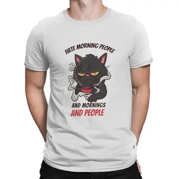 Nenávidím Rána A Dopoledne Kreativní Tričko pro Muže Kávy Kočka Kulatý Límec Čistá Bavlna Tričko Přizpůsobit Dárek Oblečení Obrázek